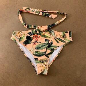 Ree Bees Womens Bikini Swim Bottom Coral Green Floral Stretch Waist Strap L New